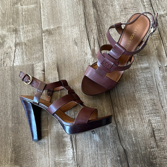 Franco Sarto Shoes - 4.5” Stacked Wood Platform Leather Franco Sarto Betsy Chestnut Strappy Heels 9